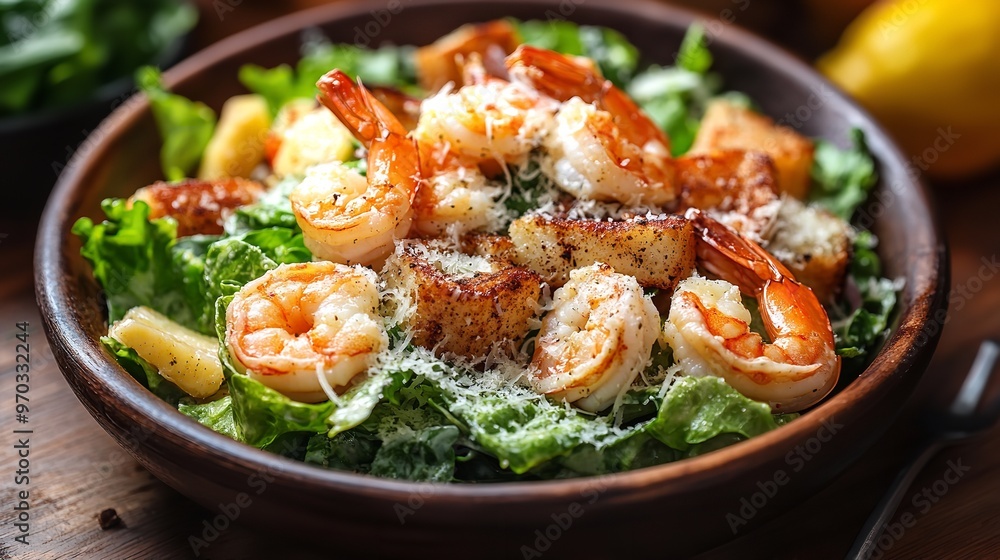 Seafood Caesar Salad with shrimp and prawns. Seafood Caesar Salad with shrimp and prawns.
