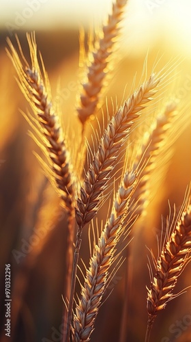 Golden wheat stalks illuminated by sunset light, close-up photography ideal for agriculture and nature themes