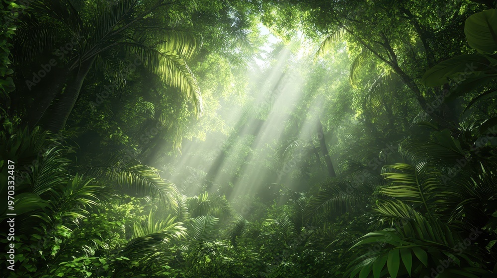Lush Tropical Rainforest with Sunlight Rays Breaking Through Canopy, Green Foliage, Palm Trees Lush Tropical Rainforest with Sunlight Rays Breaking Through Canopy, Green Foliage, Palm Trees
