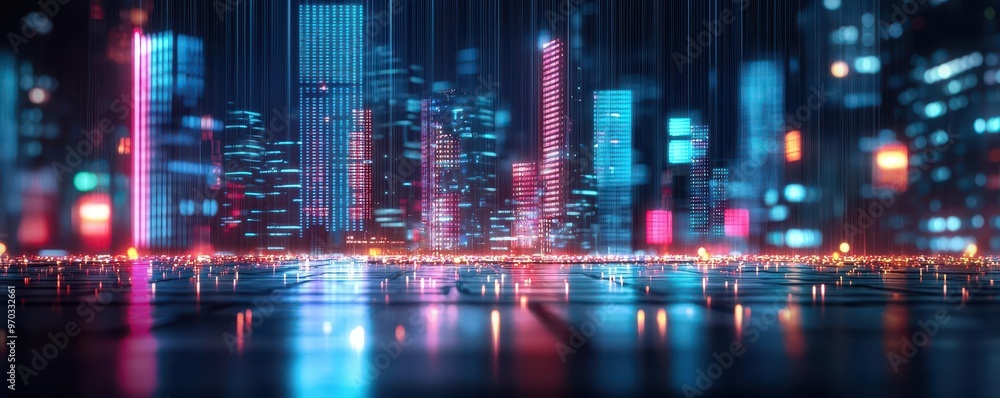 Digital rain overlay on a city skyline at night, with neon lights reflecting off skyscrapers, combining cyberpunk and Matrix vibes Digital rain overlay on a city skyline at night, with neon lights reflecting off skyscrapers, combining cyberpunk and Matrix vibes