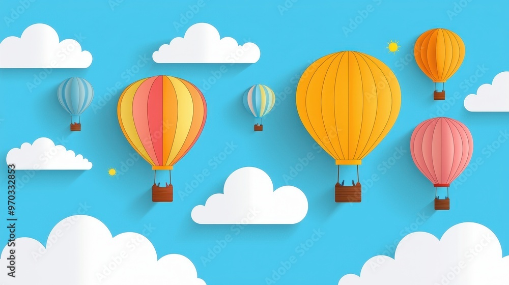 Paper Cutout Hot Air Balloons Flying in Blue Sky with Clouds Paper Cutout Hot Air Balloons Flying in Blue Sky with Clouds