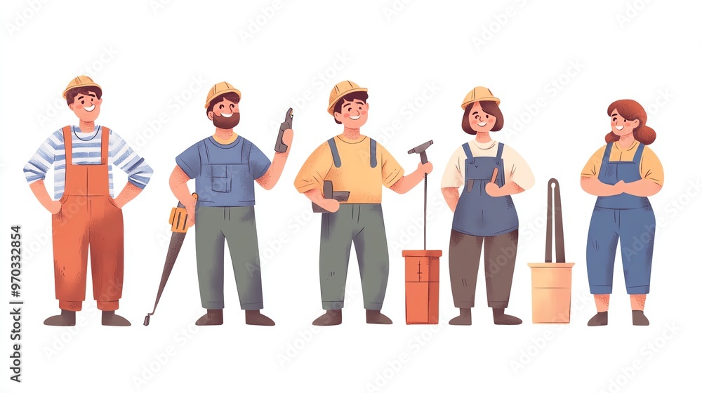 Obraz premium Labor Day celebration, factory workers using tools, industrial setting, teamwork and solidarity theme, detailed illustration, isolated on white background