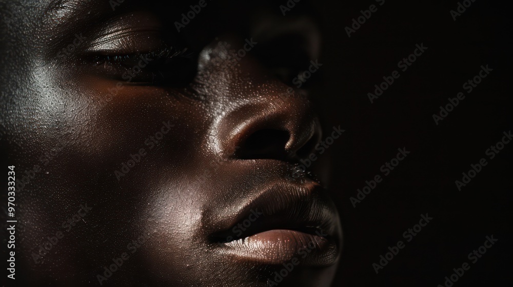 A close-up of a serene face, highlighting the texture and contours against a dark background. A close-up of a serene face, highlighting the texture and contours against a dark background.