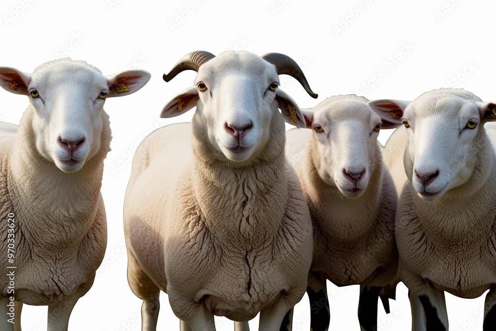 Fototapeta premium Isolated White Sheep Collection: Expressive Fauna Bundle on a Clean BackgroundIsolated Group of Sheep on White Background
