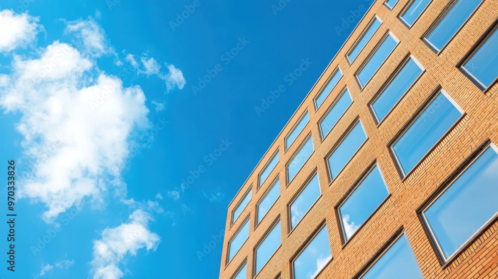 Brick Building with Windows Reflecting Blue Sky and Clouds