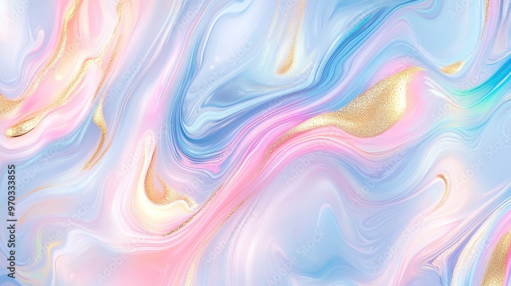 Iridescent Fluid Texture With Gold Foil Luxury Abstract Marble Background 3D Illustration