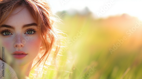 Dreamy outdoor portrait of a freckled young woman with green eyes, soft lighting, and natural beauty in a golden field. Ideal for beauty, fashion, skincare, wellness, and nature-inspired campaigns