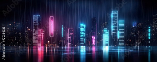 Digital rain overlay on a city skyline at night, with neon lights reflecting off skyscrapers, combining cyberpunk and Matrix vibes