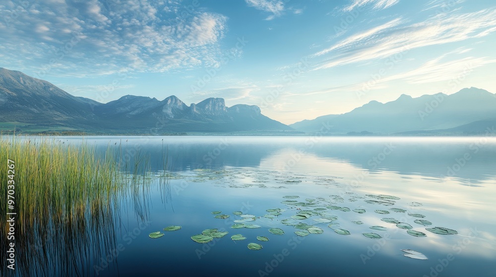 Serene Mountain Lake with Lily Pads and Foggy Morning Sky. Serene Mountain Lake with Lily Pads and Foggy Morning Sky.