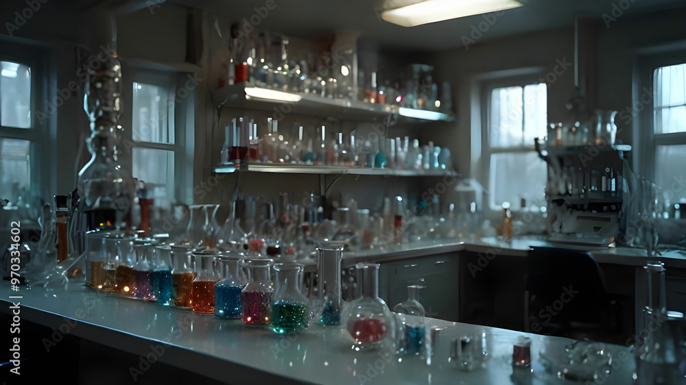 A cluttered laboratory with shelves of beakers, test tubes, and microscopes. A cluttered laboratory with shelves of beakers, test tubes, and microscopes.