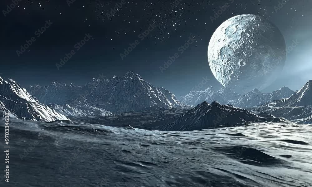 A surreal lunar landscape with a large moon and starry sky, evoking a sense of wonder. A surreal lunar landscape with a large moon and starry sky, evoking a sense of wonder.