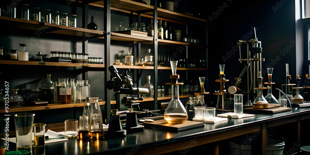 A cluttered laboratory with shelves of beakers, test tubes, and microscopes. A cluttered laboratory with shelves of beakers, test tubes, and microscopes.