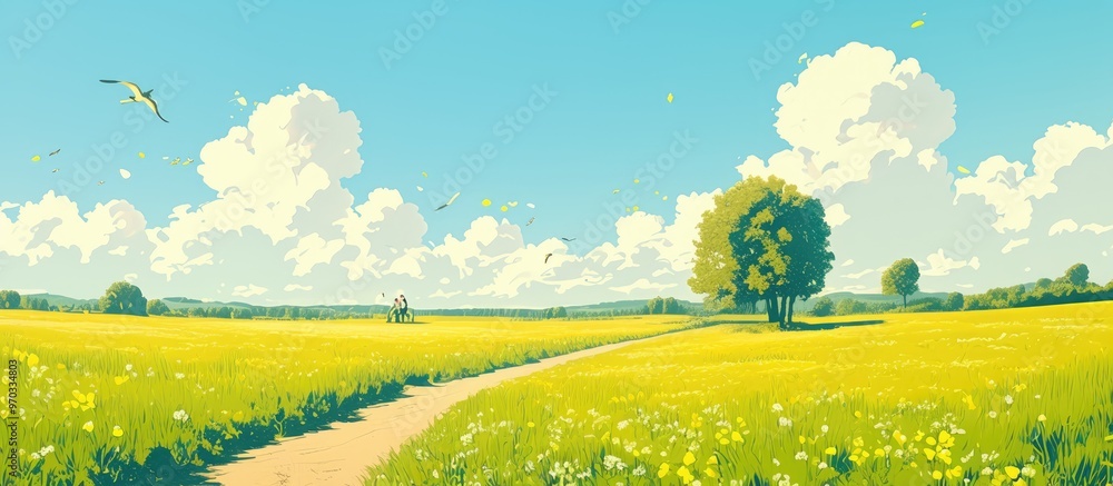 Fototapeta premium Dirt Road Through Fields On A Sunny Day With Clouds