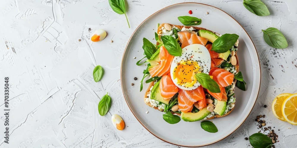 Sandwich featuring salmon crab meat, boiled egg, avocado, basil, and mung bean salad on a light-colored tabletop. Sandwich featuring salmon crab meat, boiled egg, avocado, basil, and mung bean salad on a light-colored tabletop.
