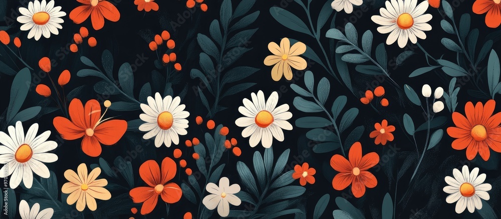 Floral Pattern Design Featuring Flowers Daisies And Leaves In Digital Art Floral Pattern Design Featuring Flowers Daisies And Leaves In Digital Art