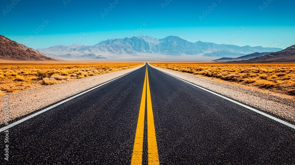 Fototapeta premium Expansive Desert Highway Stretching Towards Distant Mountains