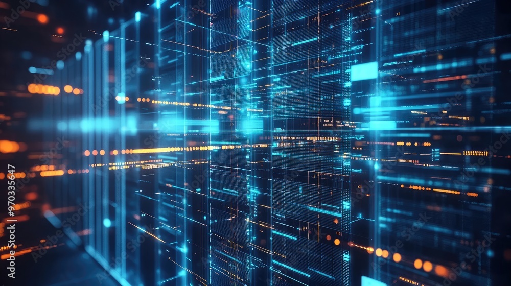 Abstract digital background with blue and orange glowing lines and squares representing data flow and network connection.
