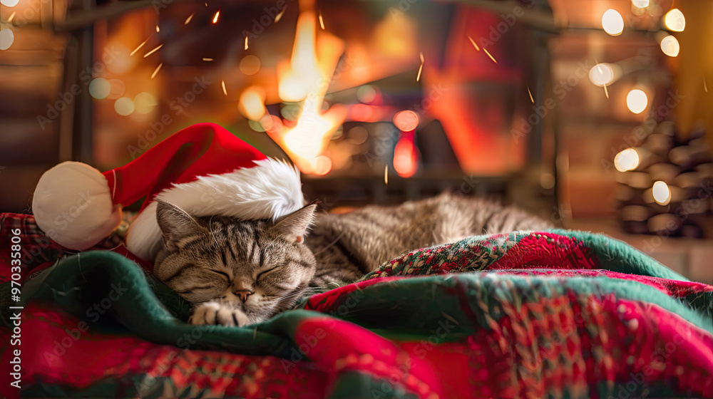 Exotic Shorthair Cat in Santa Hat Curled Up by Warm Fireplace