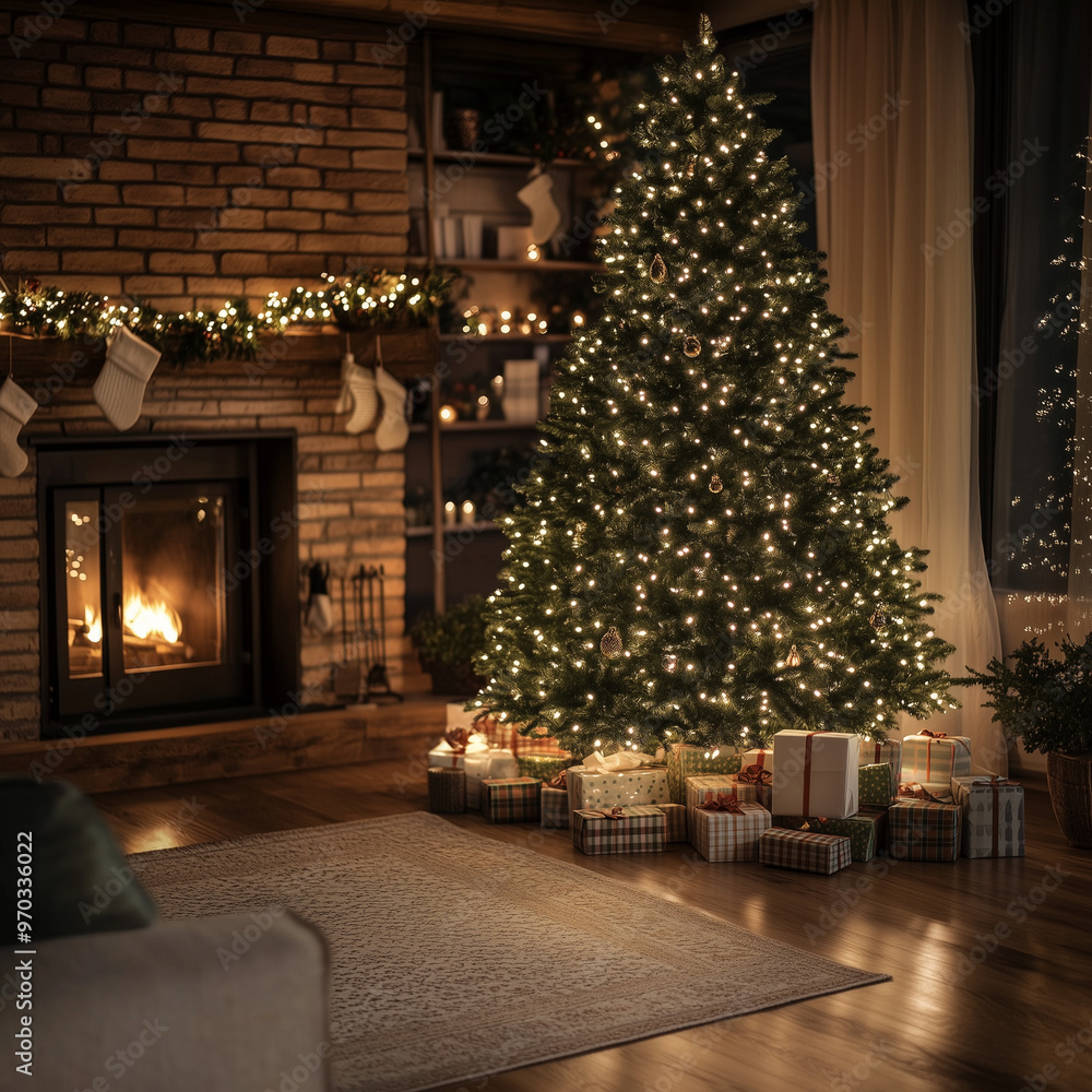 Decorated Christmas tree in a cozy living room, soft light from garlands, fireplace in the corner, gifts under the tree, warm evening lighting, festive atmosphere Decorated Christmas tree in a cozy living room, soft light from garlands, fireplace in the corner, gifts under the tree, warm evening lighting, festive atmosphere