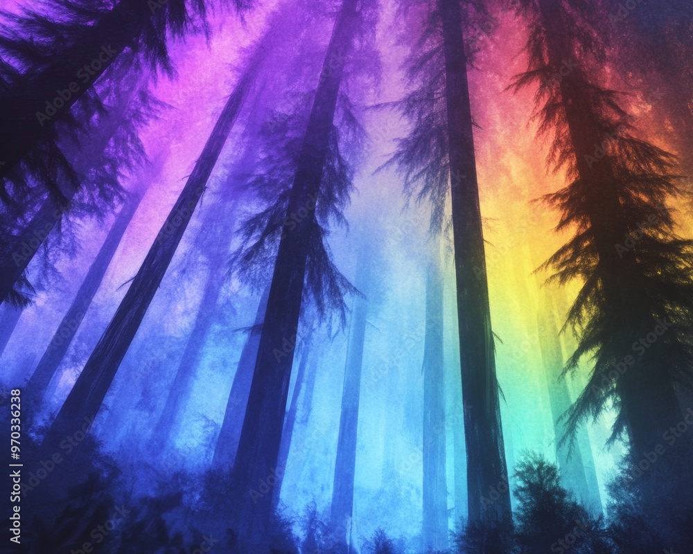 Fototapeta premium Enchanting Rainbow Forest Vibrant Fantasy Landscape with Colorful Hues and Mystical Ambiance