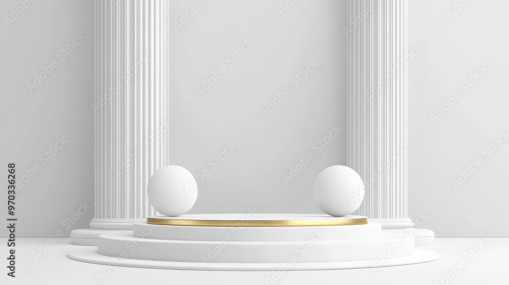 White podium resembling a classic column for showcasing products featuring a golden platform and spheres in a minimalist setting 2d illustration White podium resembling a classic column for showcasing products featuring a golden platform and spheres in a minimalist setting 2d illustration