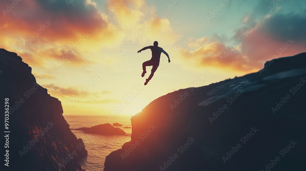 Dynamic Man Leaping Over Cliff Gap Against Stunning Sunset Background, Symbolizing Boldness and Business Ambition Dynamic Man Leaping Over Cliff Gap Against Stunning Sunset Background, Symbolizing Boldness and Business Ambition