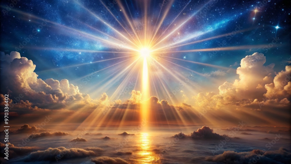 Obraz premium A celestial beam of radiant light bursts forth, enveloping an otherworldly landscape in an aura of mystique and