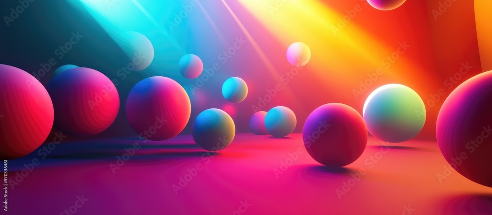 Vibrant 3D spheres illuminated in a spotlight form a surreal and imaginative scene filled with color 3D Illustration Vibrant 3D spheres illuminated in a spotlight form a surreal and imaginative scene filled with color 3D Illustration