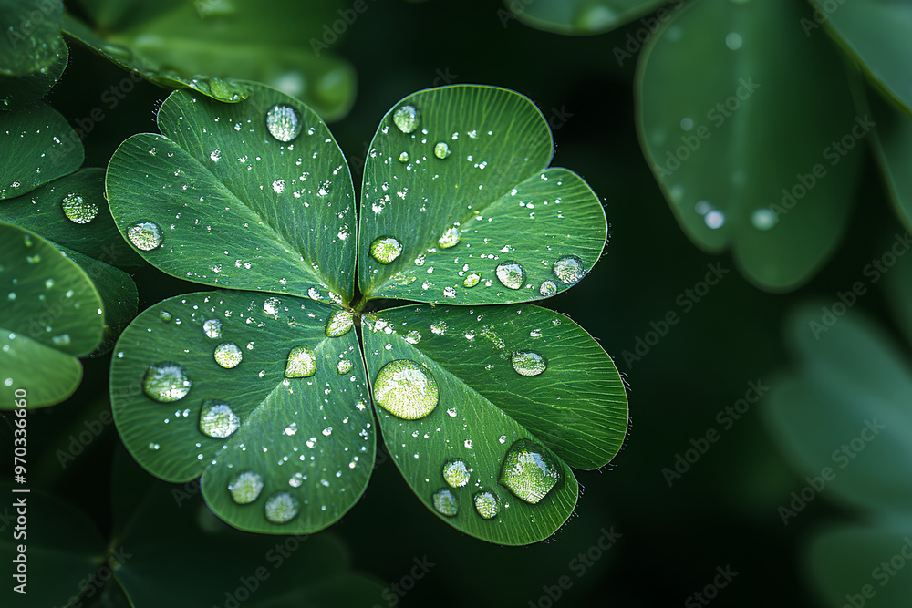 A close-up of a clover leaf adorned with water droplets, showcasing nature's beauty. A close-up of a clover leaf adorned with water droplets, showcasing nature's beauty.