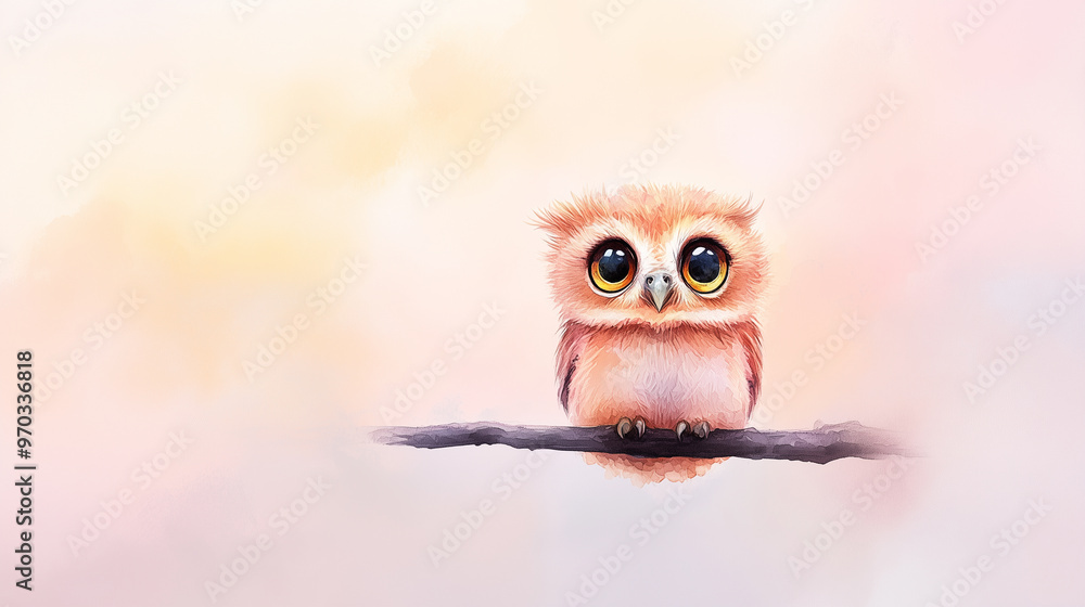 Fototapeta premium A cute and whimsical owl perched on branch, featuring large expressive eyes and soft, fluffy feathers.
