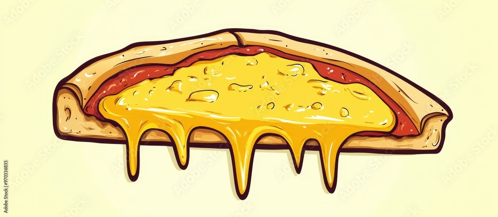 Cartoon style 2d illustration of a pizza slice with melted cheese Ideal design element for stickers cards prints or posters Unique and playful artwork on a light yellow backdrop Cartoon style 2d illustration of a pizza slice with melted cheese Ideal design element for stickers cards prints or posters Unique and playful artwork on a light yellow backdrop