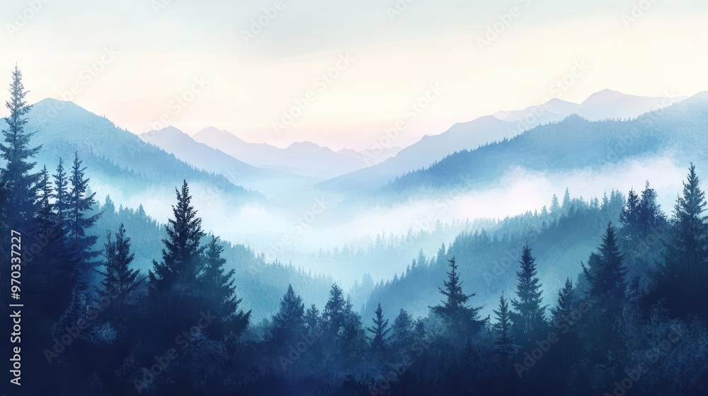 Misty Mountain Landscape with Silhouetted Pine Trees. Misty Mountain Landscape with Silhouetted Pine Trees.