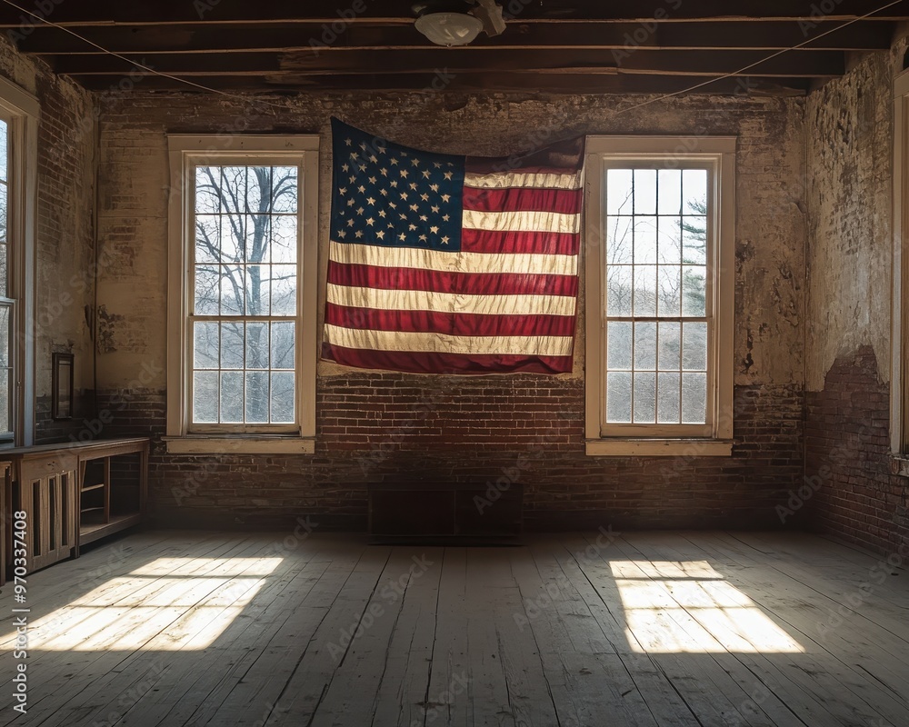 Fototapeta premium American Flag Hanging in Abandoned Building with Sunlight Streaming Through Windows