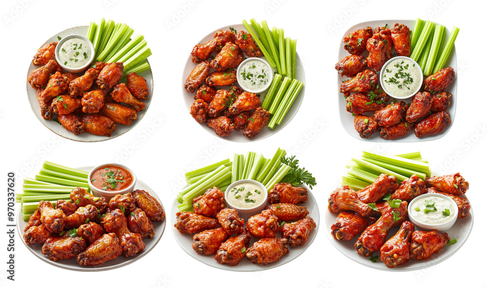 Delicious crispy chicken wings with dipping sauce and celery sticks Delicious crispy chicken wings with dipping sauce and celery sticks