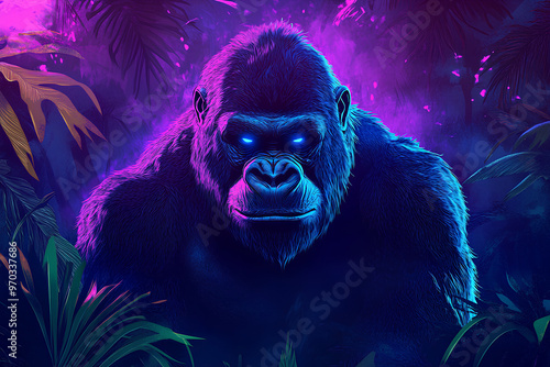 A stylized gorilla with glowing eyes surrounded by vibrant jungle foliage.