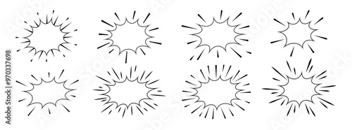 Comics explosion clouds. Set of doodle shapes for message. Burst shapes star. Comic text speech bubble stars. Empty box space isolated on white background.