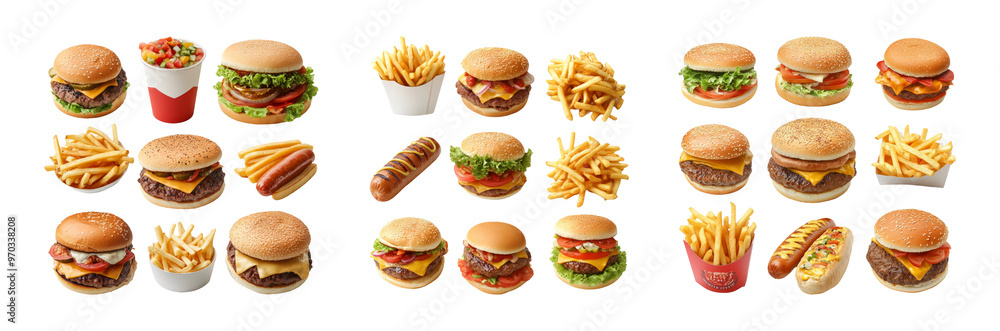 Collection of appetizing burgers hotdogs and fries on a transparent background Collection of appetizing burgers hotdogs and fries on a transparent background