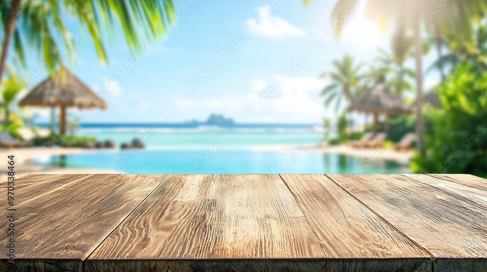 Wooden Table Top Overlooking Tropical Beach and Swimming Pool Wooden Table Top Overlooking Tropical Beach and Swimming Pool