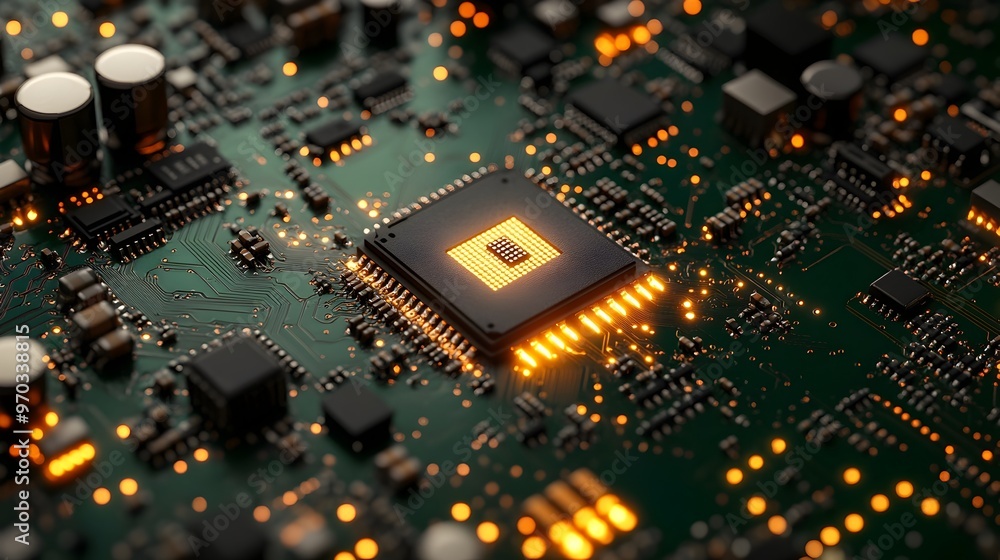 Obraz premium Glowing Green Circuit Board with Golden Traces Symbolizing Connectivity and Processing Power