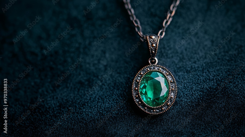 Elegant emerald pendant necklace on a dark velvet background, showcasing exquisite craftsmanship and vibrant green color. Elegant emerald pendant necklace on a dark velvet background, showcasing exquisite craftsmanship and vibrant green color.