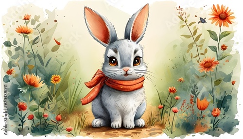 Charming watercolor cartoon of an adorable bunny exploring a vibrant flower garden