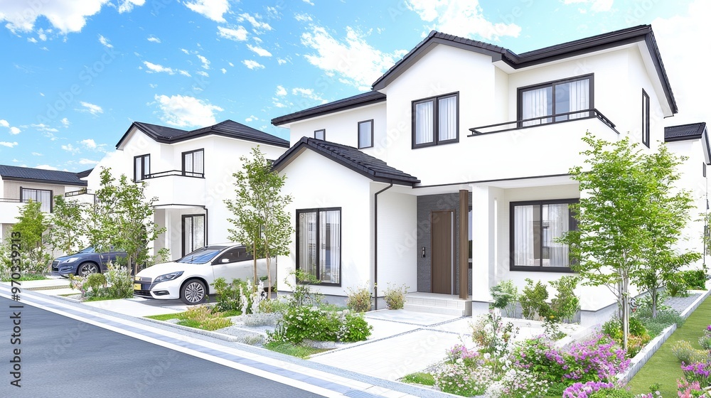 Modern White House with Front Yard Landscaping and Cars Modern White House with Front Yard Landscaping and Cars