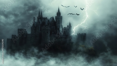 Dark Castle with Lightning Strike and Bats Flying in Stormy Clouds