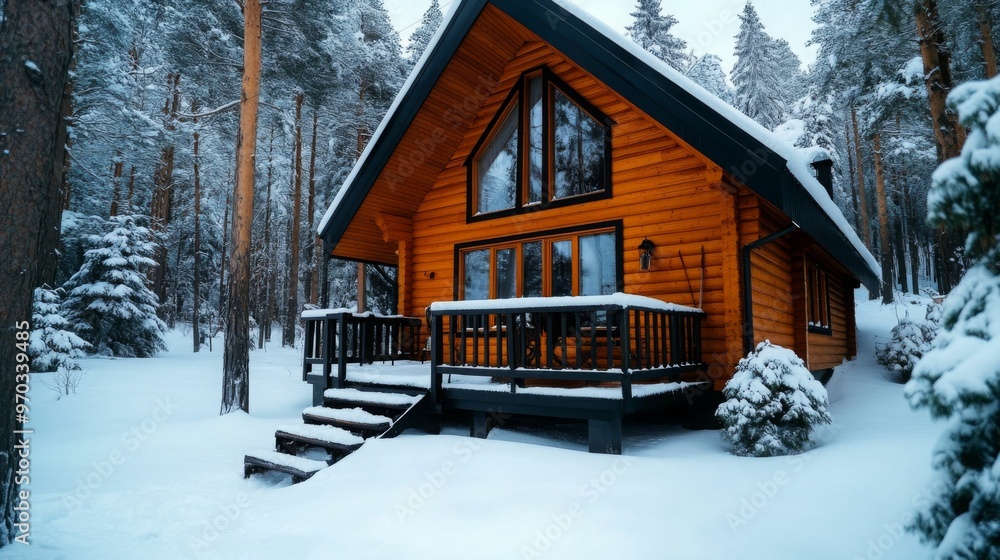 A cozy wooden cabin surrounded by snow in a forest, with large windows reflecting the serene, winter landscape. A cozy wooden cabin surrounded by snow in a forest, with large windows reflecting the serene, winter landscape.