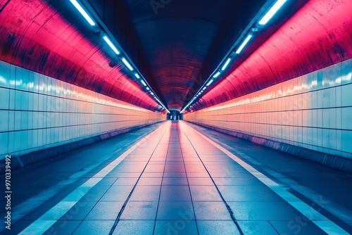 Brightly illuminated and colorful underground subway station at night. A modern urban tunnel designed for public city commuting, showcasing futuristic architecture in an empty and unoccupied space. photo