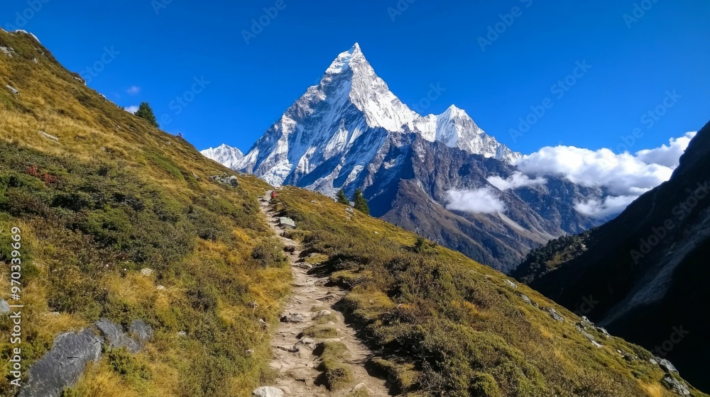A winding trail leading to a snow-capped mountain under a clear blue sky, evoking a sense of adventure and the beauty of nature. A winding trail leading to a snow-capped mountain under a clear blue sky, evoking a sense of adventure and the beauty of nature.