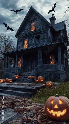 Wallpaper Mural Spooky Haunted House with Jack-O-Lantern on Halloween Night. Torontodigital.ca