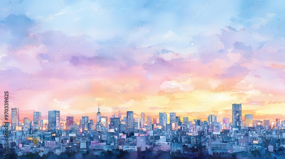 Fototapeta premium Stunning watercolor cityscape at sunset, showcasing vibrant colors and dramatic clouds over a downtown skyline.