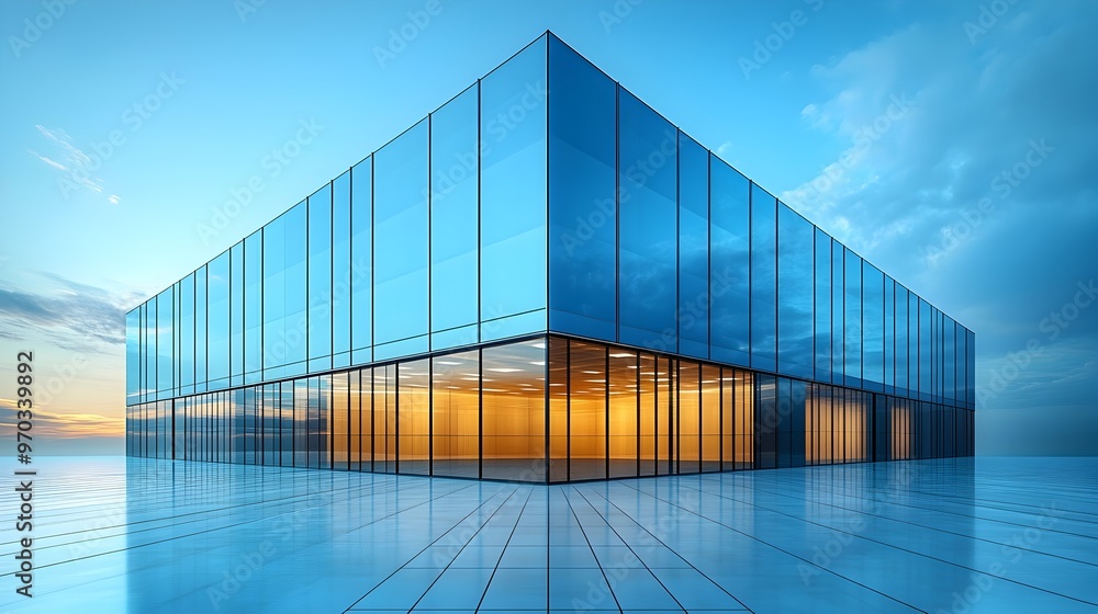 Fototapeta premium Striking Modern Office Building with Reflective Glass Facade and Converging Perspective Lines
