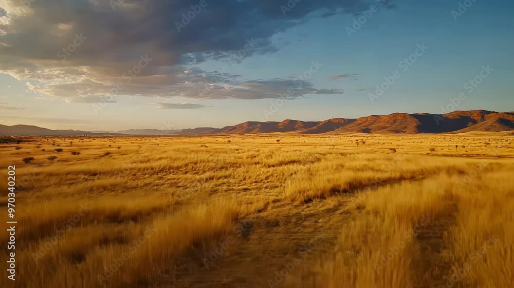 A vast golden landscape under a colorful sky at sunset, showcasing natural beauty. A vast golden landscape under a colorful sky at sunset, showcasing natural beauty.